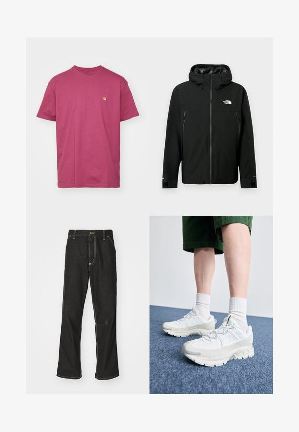 Melna kapuce jaka ar rāvējslēdzēju priekšpusē, divām sānu kabatām ar rāvējslēdzējiem, regulējamiem aproces galiem un logotipu uz krūšu. Gluda tekstūra un ūdensizturīgs materiāls.; Carhartt WIP CHASE - Pamata T-krekls - dusty fuchsia/gold; Melni džinsi ar brīvu piegriezumu, ar kontrastējošu baltu diegu, pogu aizdari un taisnu kāju dizainu.; Baltas sporta apavi ar teksturētām detaļām, masīvu zoli un pelēkiem akcentiem. Valkāti ar baltiem zeķu pēdu apģērbiem un zaļām šortiem uz zilas virsmas.