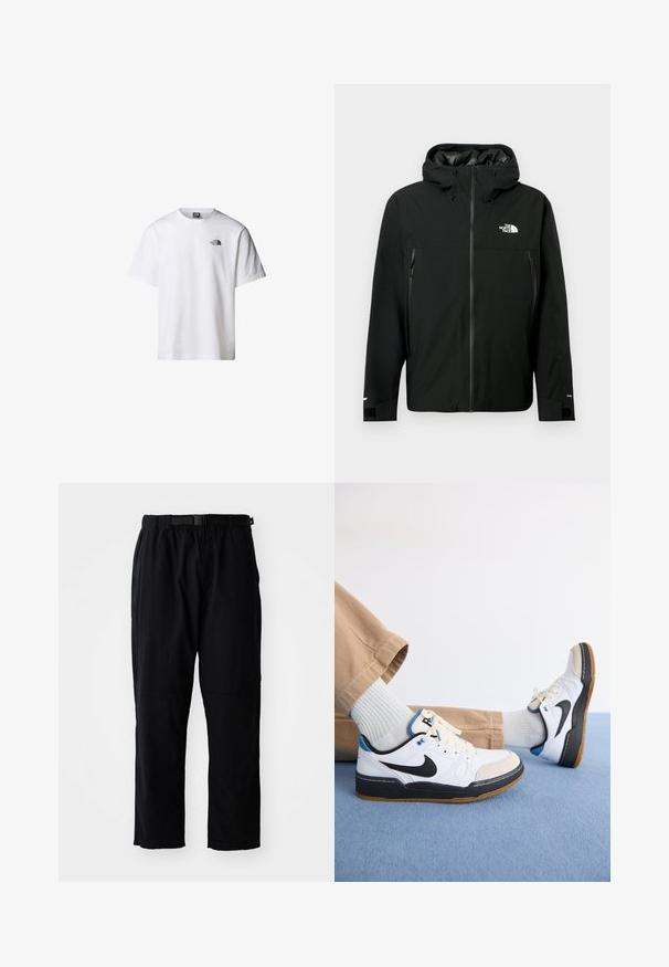 Černá kapucí s zipem vpředu, dvě boční kapsy na zip, nastavitelné manžety a logo na hrudi. Hladký povrch a voděodolný materiál.; Bílá bavlněná tričko s krátkými rukávy, kulatým výstřihem a malým černým logem na levé části hrudníku. Jednoduchý, klasický design.; Černé, lehké kalhoty s volnějším střihem, s opaskem v pase, zesílenými koleny a rovnými nohavicemi.; Bílé a černé tenisky Nike s modrými akcenty, s hladkým koženým svrškem, gumovou podrážkou a šněrováním. Světle šedé ponožky a béžové kalhoty.