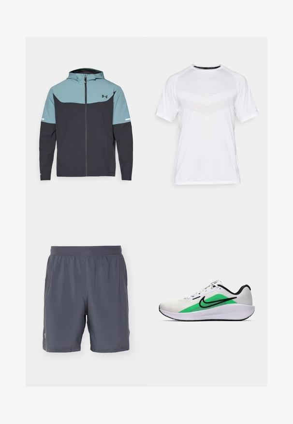 Bunda s kapuco, ki ima svetlo modro zgornjo in temno modro spodnjo sekcijo. Narejena je iz lahkega materiala z zadrgo in stranskimi žepi.; Bela kratka športna majica s kratkimi rokavi z teksturno geometrijsko vzorcem spredaj, izdelana iz lahke tkanine, krožnim ovratnikom in sproščenim prilegom.; Sive kratke športne hlače iz lahkega, vlago odbojnega materiala. Imajo elastičen pas in šivane dodatke. Brez žepov.; Bela športna čevlja z zelenim poudarkom, črnim logotipom, mrežastim zgornjim delom, oblazinjenim podplatom in zaobljenim peto. Ima vezalke in kontrastne detajle.