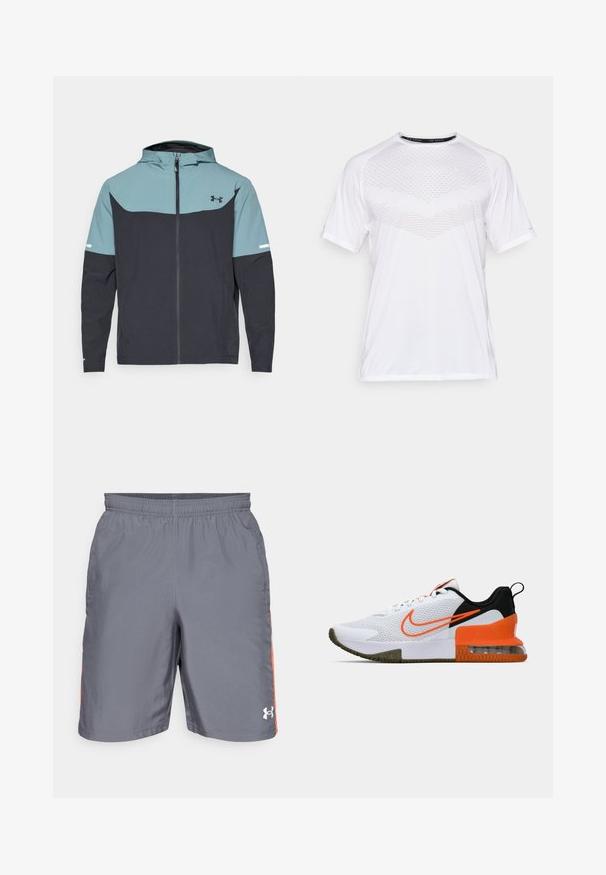 Kapuzenshirt mit einem hellblauen oberen Bereich und einem dunkelblauen unteren Bereich. Hergestellt aus leichtem Stoff mit einem Reißverschluss und seitlichen Taschen.; Weißes kurzärmeliges Sportshirt mit einem strukturierten geometrischen Muster auf der Vorderseite, aus leichtem Stoff, rundem Halsausschnitt und lässiger Passform.; Graue Sportshorts mit einem elastischen Bund, ausgestattet mit orangefarbenen Seitenelementen und einem Under Armour-Logo an der unteren rechten Seite.; Weißer Sportschuh mit einem strukturierten Mesh-Obermaterial, schwarzen und orangefarbenen Akzenten, einer dicke Gummisohle und einem klaren Luftkissenbereich an der Ferse.