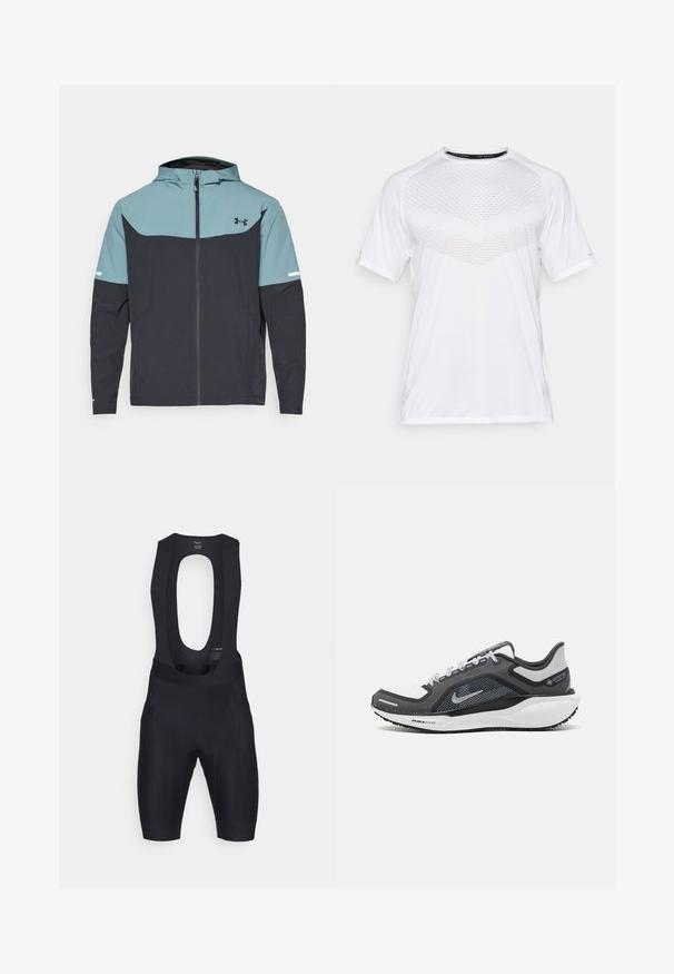 Veste à capuche avec une partie supérieure bleu clair et une partie inférieure bleu marine. Fabriquée en tissu léger avec une fermeture éclair et des poches latérales.; T-shirt de sport blanc à manches courtes avec un motif géométrique texturé sur le devant, fabriqué en tissu léger, col rond et coupe décontractée.; Cuissards de cyclisme noirs avec un dos découpé, rembourrage et coupe ajustée. Fabriqués en matériau extensible pour le confort et la flexibilité.; Baskets de sport noires et grises avec un empeigne en maille, des accents réfléchissants et un intermédiaire blanc. Comprend une semelle extérieure en caoutchouc texturé et des lacets.