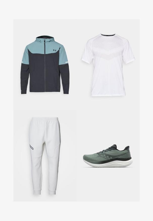 Huppari, jossa on vaaleansininen yläosa ja tummansininen alaosa. Valmistettu kevyestä kankaasta, jossa on vetoketjusuljenta ja sivutaskut.; Valkoinen lyhythihainen urheilupaita, jossa on teksturoitu geometrinen kuvio edessä, valmistettu kevyestä kankaasta, pyöreä pääntie ja rento malli.; Valkeat collegehousut, joissa on pehmeä ja sileä pinta. Varustettu kaarevilla sivupaneeleilla ja mustalla korostusraidalla. Elastinen vyötärönauha säädettävään istuvuuteen.; Vaaleanvihreät juoksukengät, joissa on teksturoitu päällinen, harmaat yksityiskohdat ja paksu valkoinen pohja, joissa on virtaviivainen muotoilu ja nauhakiinnitys.