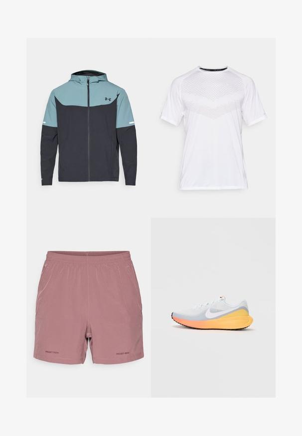 Kapuutšiga jakki, millel on helesinine ülemine osa ja tume laevajöötme alane osa. Valmistatud kergest kangast, millel on lukuga sulgemine ja küljetaskud.; Valge lühikeste varrukatega spordikaavaga T-särk, millel on esiosas tekstuuriga geomeetriline muster, valmistatud kergest kangast, ümmargune kaelus ja lõdvestatud istuvus.; Heledad roosa spordShortid elastse vööga, minimaalsete õmblusdetailidega ja „PROJECT ROCK“ logo trükituna vasakul allnurgas.; Hele sinine jooksujalanõud, millel on hingav võrgusilm. Omab valget swooshi, oranži ja kollast vaheosa ning musta tallaga, mis tagab haarduvuse.