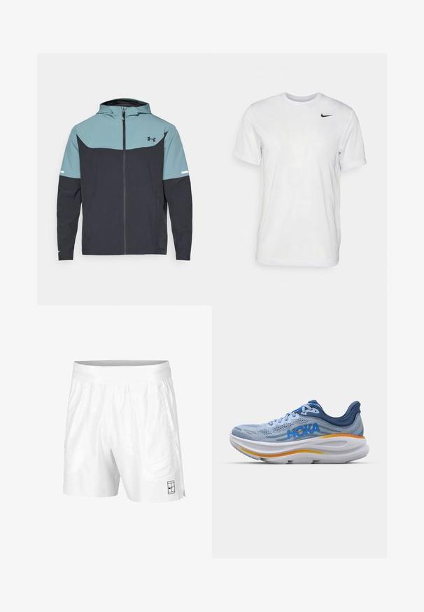 Hettejakke med en lyseblå øverste del og en mørk marineblå nedre del. Laget av lett stoff med glidelås og sidelommer.; Hvit kortermet t-skjorte laget av glatt stoff. Har rund hals og en liten svart Nike-logo på venstre bryst.; Hvite sportsshorts laget av lettvektstoff med elastisk midjebånd, med to sidelommer og en liten svart logo på kanten.; Lyseblå joggesko med mesh-overdel, blå detaljer og en polstret hvit mellomsåle med en oransje stripe. HOKA-logo på siden.