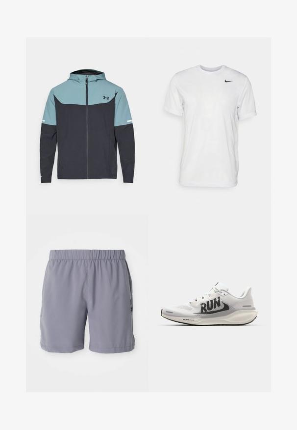 Kapišoninė striukė, kuri turi šviesiai mėlyną viršutinę dalį ir tamsiai mėlyną apat-inę dalį. Pagaminta iš lengvos medžiagos su užtrauktuku ir šoniniais kišenėmis.; Balta trumpa rankovėmis marškinėliai, pagaminti iš lygaus audinio. Turi apvalų kaklą ir mažą juodą Nike logotipą kairėje krūtinės pusėje.; Pilkos sportinės šortai su elastinga juosta, turi šonines kišenes ir sklandžią, lengvą medžiagą. Tinka sportui ir kasdienei aprangai.; Balti sportiniai bateliai su tinkleliu, dideliu juodu "RUN" spaudiniu, šviesiai pilkais akcentais ir paminkštintu padu su "AIR 200M" ženklu.