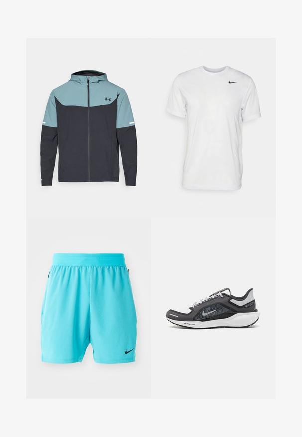 Chaqueta con capucha que presenta una sección superior azul claro y una sección inferior azul marino oscuro. Fabricada con tejido ligero, cuenta con cierre de cremallera y bolsillos laterales.; Camiseta blanca de manga corta hecha de tela suave. Presenta un cuello redondo y un pequeño logo negro de Nike en el pecho izquierdo.; Pantalones cortos deportivos turquesa con cintura elástica, bolsillos laterales, textura acanalada y un pequeño logo negro de Nike en la parte inferior izquierda.; Zapatilla deportiva negro y gris con parte superior de malla, acentos reflectantes y una entresuela blanca. Presenta una suela de goma texturizada y cordones.