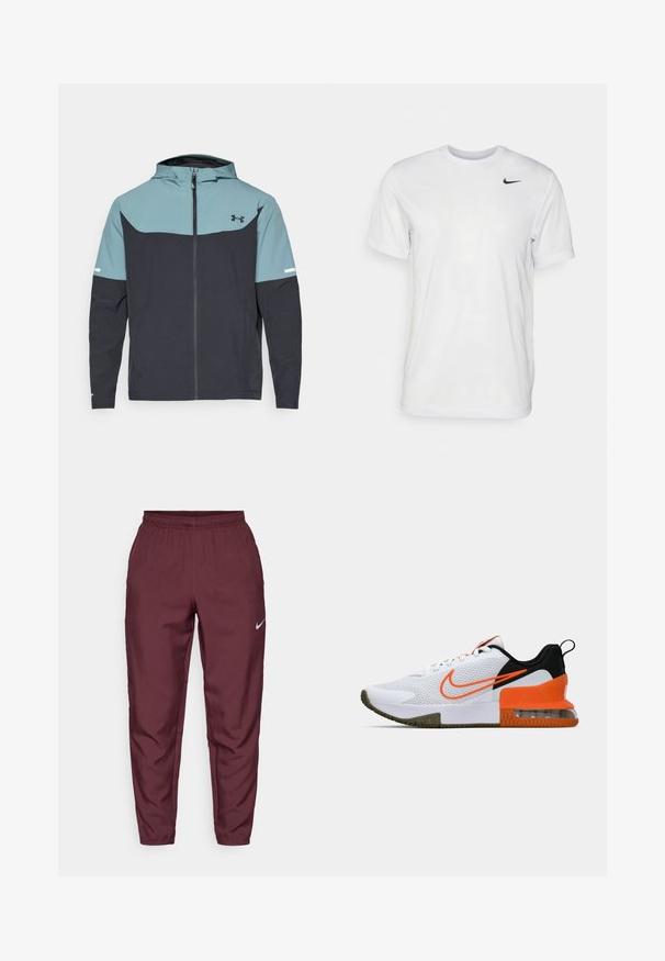 Jakna s kapuljačom koja ima svijetloplavi gornji dio i tamnoplavi donji dio. Izrađena od lagane tkanine s patent zatvaračem i bočnim džepovima.; Bijela kratkotrajna majica s kratkim rukavima izrađena od glatkog materijala. Ima okrugli izrez i mali crni Nike logo na lijevoj strani prsnog koša.; Bordo Nike trenirka s elastičnim pojasom, suženim nogavicama i srebrnim logom. Izrađena od laganog materijala, s glatkom teksturom i bez uzoraka.; Bijela atletska cipela s teksturiranim mrežastim gornjim dijelom, crnim i narančastim naglascima, debelim gumastim potplatom i prozirnim zračnim jastučićem na peti.