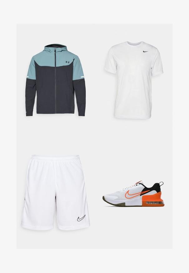 Kapotová bunda s svetlomodrou hornou časťou a tmavo námorníckou dolnou časťou. Vyrobená z ľahkej tkaniny s predným zipsom a bočnými vreckami.; Biela krátka tričko s krátkymi rukávmi vyrobené z hladkej látky. Má okrúhly výstrih a malé čierne logo Nike na ľavej hrudi.; Biele športové šortky vyrobené z materiálu odvádzajúceho vlhkosť, s elastickým pásom a čiernym logom Nike na ľavej strane.; Biele športové topánky s textúrovaným sieťovaným zvrškom, čiernymi a oranžovými akcentmi, hrubou gumovou podrážkou a priesvitnou vzduchovou vankúšikovou časťou na päte.