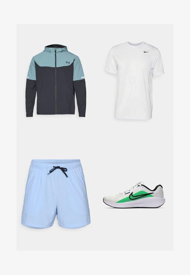 Φόρμα με κουκούλα που διαθέτει ανοιχτό μπλε επάνω τμήμα και σκούρο ναυτικό κάτω τμήμα. Κατασκευασμένη από ελαφρύ ύφασμα με φερμουάρ και πλαϊνές τσέπες.; Λευκό κοντομάνικο T-shirt από απαλό ύφασμα. Διαθέτει στρογγυλή λαιμόκοψη και ένα μικρό μαύρο λογότυπο Nike στο αριστερό στήθος.; Ανοιχτό μπλε μαγιό φτιαγμένο από ελαφρύ ύφασμα, με ελαστική μέση και μαύρη κορδόνια, καθώς και πλαϊνές τσέπες.; Λευκό αθλητικό παπούτσι με πράσινη λεπτομέρεια, μαύρο λογότυπο, επάνω μέρος από δίχτυ, μαλακή σόλα και στρογγυλή φτέρνα. Διαθέτει κορδόνια και αντίθετες λεπτομέρειες.