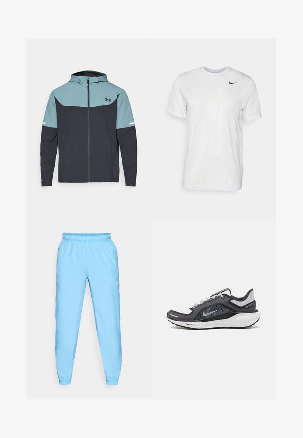 Kapišoninė striukė, kuri turi šviesiai mėlyną viršutinę dalį ir tamsiai mėlyną apat-inę dalį. Pagaminta iš lengvos medžiagos su užtrauktuku ir šoniniais kišenėmis.; Balta trumpa rankovėmis marškinėliai, pagaminti iš lygaus audinio. Turi apvalų kaklą ir mažą juodą Nike logotipą kairėje krūtinės pusėje.; Nike Performance FORM PANT - Treningo apatinė dalis - university blue/black/reflective silver; Juodas ir pilkas sportinis batelis su tinkleliu viršuje, atspindinčiais akcentais ir balta vidurinė dalimi. Yra tekstūruota guminė išorinė pada ir raišteliai.