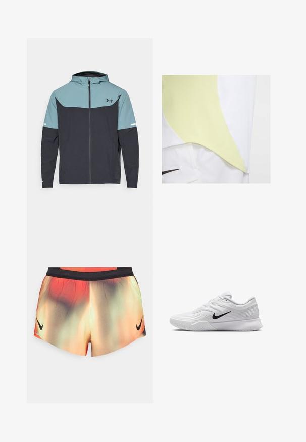 Kapuzenshirt mit einem hellblauen oberen Bereich und einem dunkelblauen unteren Bereich. Hergestellt aus leichtem Stoff mit einem Reißverschluss und seitlichen Taschen.; Sportliches Kurzarmshirt mit einem weißen Körper und einem strukturierten, hellgelben, gebogenen Panel, akzentuiert durch ein schwarzes Logo an der unteren Vorderseite.; Nike Shorts in einem Farbverlauf aus Orange, Grün und Schwarz, mit einem schwarzen elastischen Bund und dem Nike-Logo auf der unteren rechten Seite.; Weißer Sportschuh mit strukturiertem Mesh-Obermaterial, schwarzem Nike-Swoosh, gepolstertem Kragen und Gummisohle mit einem Profilmuster.