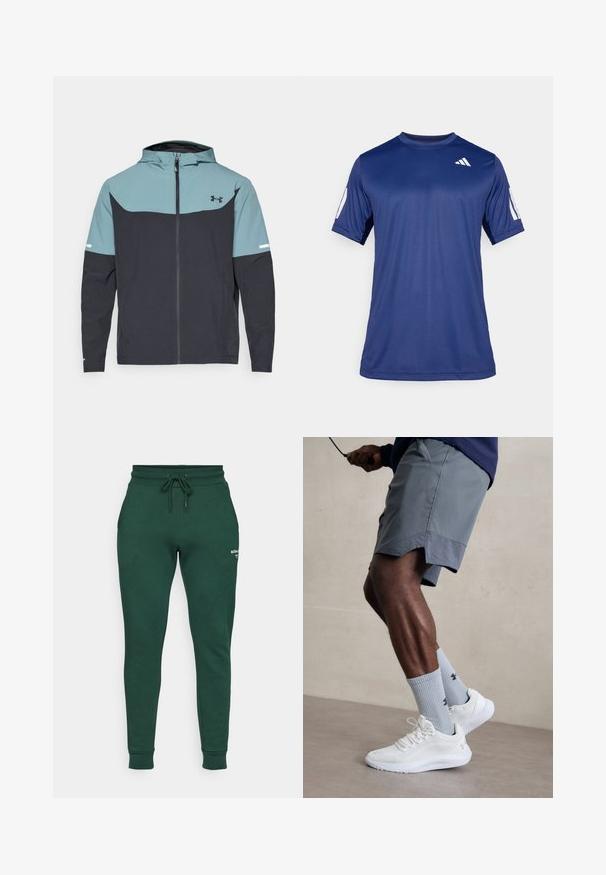 Kurtka z kapturem, z jasnoniebieską górną częścią i ciemnonawigacyjną dolną częścią. Wykonana z lekkiego materiału, z zamkiem błyskawicznym i bocznymi kieszeniami.; Granatowa koszulka sportowa z krótkim rękawem, wykonana z gładkiego materiału, z okrągłym dekoltem i białym logo na lewej górnej stronie klatki piersiowej.; Björn Borg - Spodnie treningowe; Białe buty sportowe z teksturowaną siateczkową cholewką, zestawione z jasnoniebieskimi skarpetkami prążkowanymi z logo. Szare szorty sportowe z perforowanym wykończeniem.