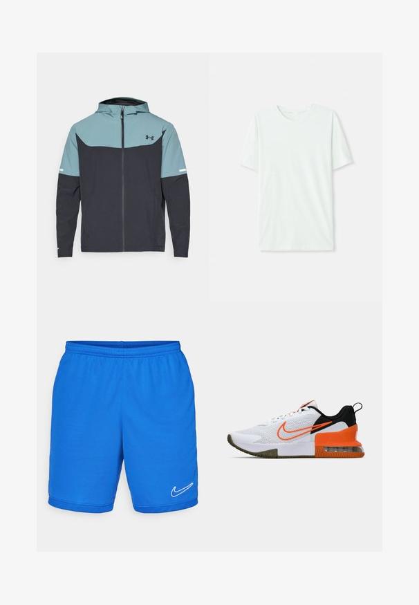 Huppari, jossa on vaaleansininen yläosa ja tummansininen alaosa. Valmistettu kevyestä kankaasta, jossa on vetoketjusuljenta ja sivutaskut.; Vihreä mintun värinen lyhythihainen t-paita, joka on valmistettu pehmeästä kankaasta. Siinä on pyöreä kaula-aukko ja yksinkertainen, suora leikkaus ilman koristeita.; Siniset urheilushortsit, joissa on joustava vyötärönauha, valmistettu sileästä kankaasta. Alhaalla oikealla puolella on valkoinen Nike-logo ja verkkokankaat.; Valkoinen urheilukenkä, jossa on ristikkopintainen yläosa, mustia ja oransseja yksityiskohtia, paksu kumipohja ja selkeä ilmatyynyosa kantapäässä.