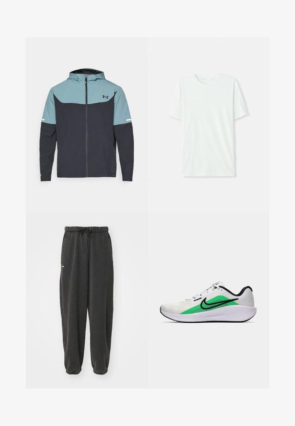 Giacca con cappuccio caratterizzata da una parte superiore azzurro chiaro e una parte inferiore blu navy scuro. Realizzata in tessuto leggero con chiusura a zip e tasche laterali.; T-shirt corto a maniche corte di un leggero verde menta, realizzato in tessuto morbido. Presenta un colletto a girocollo e una silhouette semplice e dritta senza decorazioni.; Pantaloni sportivi grigio scuro realizzati in tessuto morbido, con vita elastica dotata di cordoncino e due tasche laterali. Design semplice e affusolato.; Scarpa da ginnastica bianca con un accento verde, logo nero, tomaia in rete, suola ammortizzata e tacco arrotondato. Presenta lacci e dettagli a contrasto.