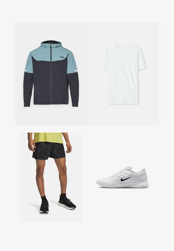 Huppari, jossa on vaaleansininen yläosa ja tummansininen alaosa. Valmistettu kevyestä kankaasta, jossa on vetoketjusuljenta ja sivutaskut.; Vihreä mintun värinen lyhythihainen t-paita, joka on valmistettu pehmeästä kankaasta. Siinä on pyöreä kaula-aukko ja yksinkertainen, suora leikkaus ilman koristeita.; Mustat urheilushortsit, joissa on teksturoitu kuvio, yhdistetty mustiin tennareihin, joissa on valkoinen pohja ja mustat nilkkasukat. Keltainen paita, jossa on reikäkuvio.; Valkoinen urheiluvaate, jossa on teksturoidusta verkkomateriaalista valmistettu yläosa, musta Nike-logomerkintä, pehmustettu nilkkakappale ja kumipohja, jossa on urasyntymä.