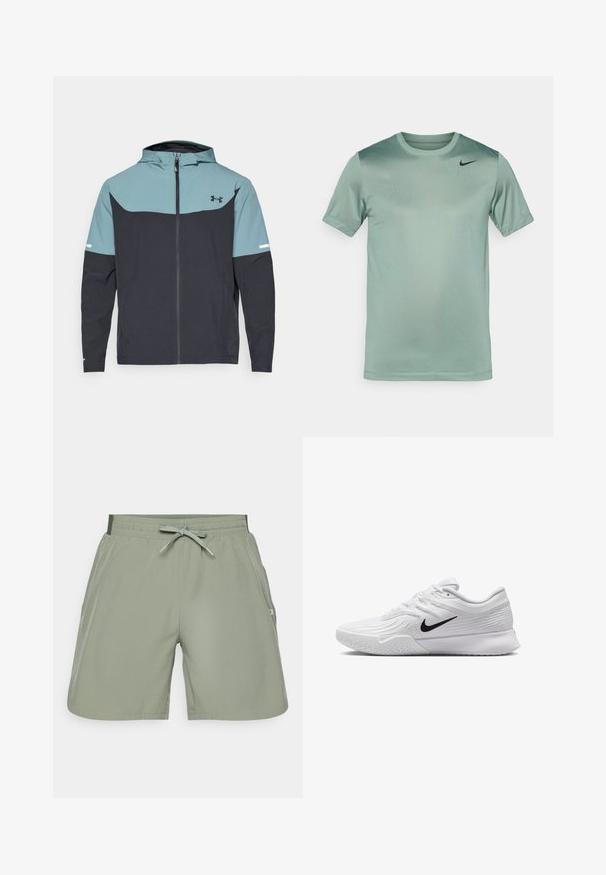 Casaco com capuz, apresentando uma parte superior azul clara e uma parte inferior azul marinho escura. Feito de tecido leve, com fecho de correr e bolsos laterais.; T-shirt Nike verde claro, mangas curtas, gola redonda, textura suave, com um subtil degradê e logo swoosh preto no ombro esquerdo.; Calções verde claro feitos de um tecido suave com cintura ajustável, bolsos laterais e bainha limpa. Detalhe de marcação mínima de um lado.; Sapatilha atlética branca com parte superior em malha texturizada, swoosh preto da Nike, colarinho almofadado e sola de borracha com um padrão de ranhura.
