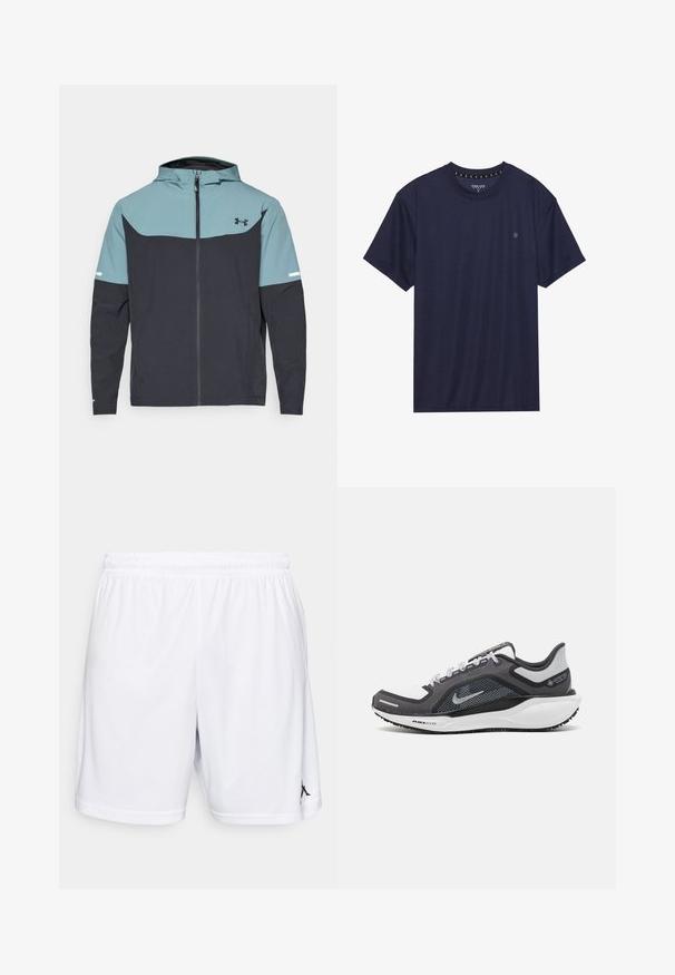 Bunda s kapuco, ki ima svetlo modro zgornjo in temno modro spodnjo sekcijo. Narejena je iz lahkega materiala z zadrgo in stranskimi žepi.; Temno modra kratkotrajna majica iz mehkega blaga, z okroglim ovratnikom in majhnim logotipom na levem prsnem delu.; Bele športne hlače iz lahkotne tkanine, z elastičnim pasom in črnim logotipom na spodnji levi nogi.; Črne in sive atletske čevlje z mrežasto zgornjim delom, odsevnimi detajli in belim srednjim podplatom. Imajo strukturiran gumijast podplat in vezalke.