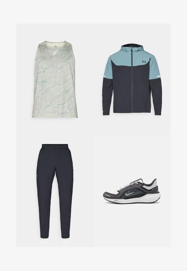 Kapišoninė striukė, kuri turi šviesiai mėlyną viršutinę dalį ir tamsiai mėlyną apat-inę dalį. Pagaminta iš lengvos medžiagos su užtrauktuku ir šoniniais kišenėmis.; Šviesiai pilkas berankovinis sportinis marškinėlis su bangų raštu mėlynai žaliuose atspalviuose, su maža logotipo etikete prie apvado.; Juodos sportinės kelnės su lygiu paviršiumi, siauru siluetu, elastingu juosmeniu ir šoninėmis kišenėmis. Mažas logotipas yra kairėje šlaunyje.; Juodas ir pilkas sportinis batelis su tinkleliu viršuje, atspindinčiais akcentais ir balta vidurinė dalimi. Yra tekstūruota guminė išorinė pada ir raišteliai.