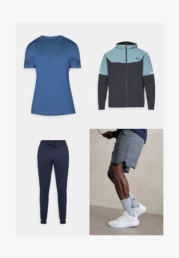 Φόρμα με κουκούλα που διαθέτει ανοιχτό μπλε επάνω τμήμα και σκούρο ναυτικό κάτω τμήμα. Κατασκευασμένη από ελαφρύ ύφασμα με φερμουάρ και πλαϊνές τσέπες.; Μπλε αθλητική μπλούζα φτιαγμένη από λείο ύφασμα. Διαθέτει στρογγυλή λαιμόκοψη και κοντά μανίκια, με την επιγραφή "BORG" εκτυπωμένη με μαύρο χρώμα στο αριστερό μανίκι.; Σκούρες μπλέ φόρμες από μαλακό ύφασμα, με ελαστική μέση και κορδόνι, και κομμένες γάμπες με ριμπ μανσέτες.; Λευκά αθλητικά παπούτσια με υφασμάτινη επένδυση από πλέγμα, συνδυασμένα με ανοιχτό μπλε σόκες με ρίγες και λογότυπο. Γκρι αθλητικές βερμούδες με περιμετρική τρύπα.