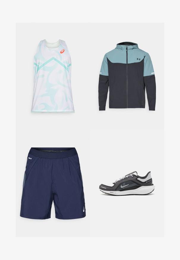 Φόρμα με κουκούλα που διαθέτει ανοιχτό μπλε επάνω τμήμα και σκούρο ναυτικό κάτω τμήμα. Κατασκευασμένη από ελαφρύ ύφασμα με φερμουάρ και πλαϊνές τσέπες.; Αμάνικη αθλητική μπλούζα σε λευκό χρώμα με ανοιχτό γαλάζιες αφηρημένες σχέσεις, διαθέτει στρογγυλή λαιμόκοψη και πορτοκαλί λογότυπο στην περιοχή του στήθους.; Ναυτικό μπλε αθλητικά σορτς με ελαστική μέση, πλαινές τσέπες και ανοιχτό γκρι λεπτομέρειες. Φτιαγμένα από ελαφρύ, μαλακό ύφασμα για άνεση.; Μαύρο και γκρι αθλητικό παπούτσι με επάνω μέρος από διχτυωτό υλικό, ανακλαστικές λεπτομέρειες και λευκή μεσαία σόλα. Διαθέτει υφή από καουτσούκ στην εξωτερική σόλα και κορδόνια.