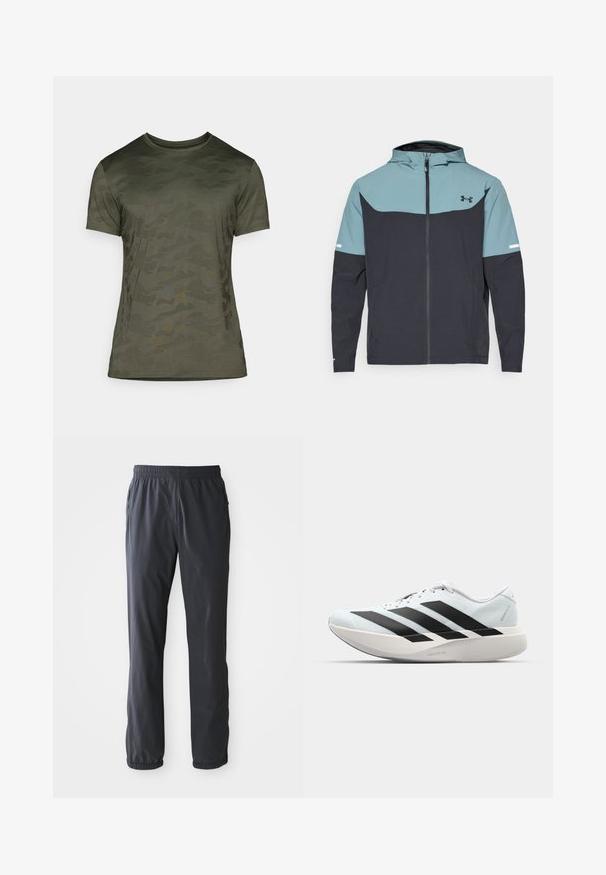 Bunda s kapuco, ki ima svetlo modro zgornjo in temno modro spodnjo sekcijo. Narejena je iz lahkega materiala z zadrgo in stranskimi žepi.; Olivno zelena kratka majica s kratkimi rokavi, ki ima subtilen vojaški vzorec. Narejena je iz mehke tkanine s krojnim izrezom in oprijetim krojem.; Moške temno sive lahke hlače z elastičnim pasom in manšeto na gležnjih, sprednji žepi z zadrgami, ležijo na beli podlagi.; Lahki tekaški čevlji v svetlo modri barvi z belimi črtami. Imajo gladek zgornji del, okroglo kapico in debel bel srednji podplat z označbo "LIGHTSTRIKE PRO."