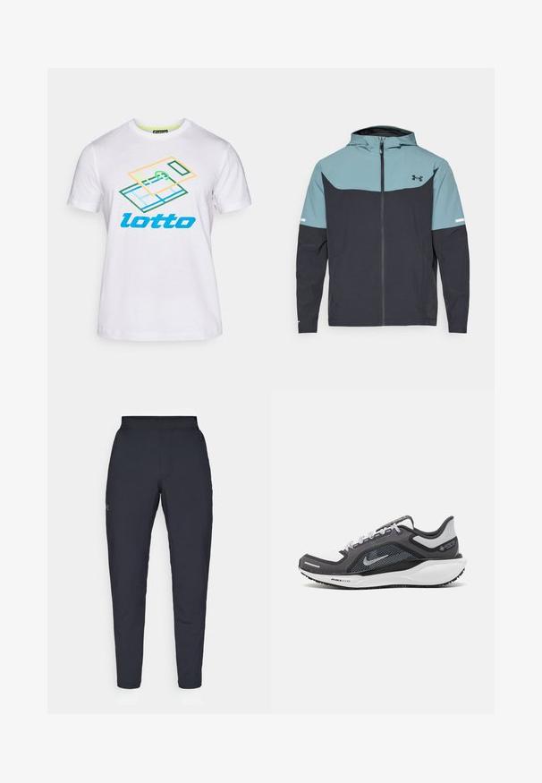 Hooded jaka ar gaiši zilu augšējo daļu un tumši zilu apakšējo daļu. Izgatavota no viegla auduma ar rāvējslēdzēju un sānu kabatām.; Balta kokvilnas T-kreklu ar daudzkrāsainu grafisko dizainu un "lotto" tekstu zilā krāsā. Īsās piedurknes un apaļa kakla izgriezums.; Melnas sporta bikses ar gludu tekstūru, šauru piegriezumu, elastīgu jostu un sānu kabatām. Uz kreisā augšstilba ir mazs logs.; Melnas un pelēkas sporta kurpes ar tīklu augšdaļu, atstarojošiem akcentiem un baltu starpzoli. Aprīkotas ar teksturētu gumijas zoli un šņorēm.