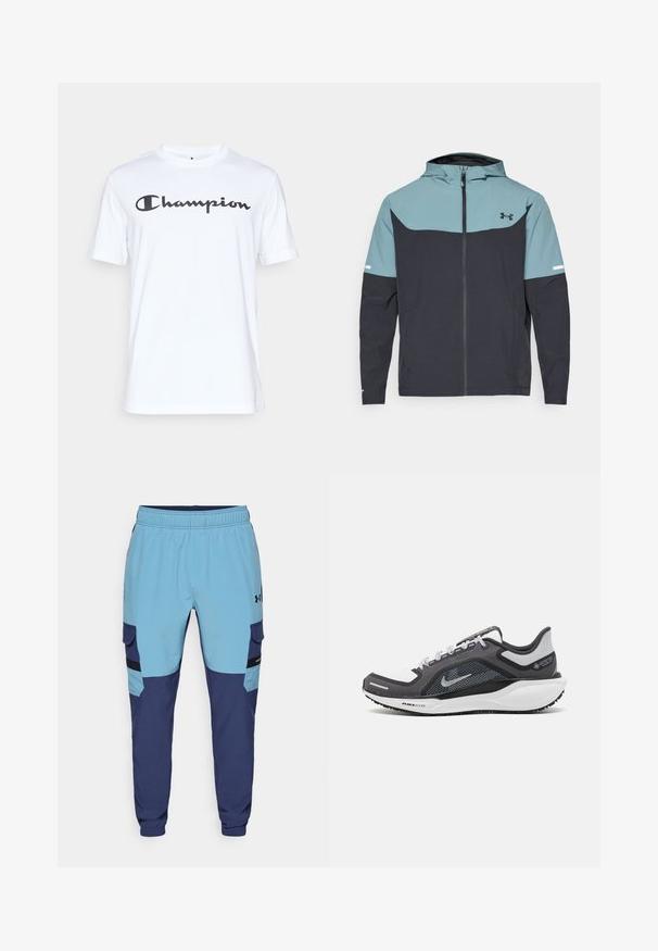 Kapišoninė striukė, kuri turi šviesiai mėlyną viršutinę dalį ir tamsiai mėlyną apat-inę dalį. Pagaminta iš lengvos medžiagos su užtrauktuku ir šoniniais kišenėmis.; Balta medvilnė marškinėliai trumpomis rankovėmis, su juodu kursyvu užrašytu "Champion" logotipu per krutinę. Apvalus iškirpimas ir laisvas stilius.; Mėlyni ir tamsiai mėlyni sportiniai šortai su elastinga juosta, šoninėmis kišenėmis ir cargo stiliaus akcentais. Pagaminti iš minkštos, kvėpuojančios medžiagos.; Juodas ir pilkas sportinis batelis su tinkleliu viršuje, atspindinčiais akcentais ir balta vidurinė dalimi. Yra tekstūruota guminė išorinė pada ir raišteliai.