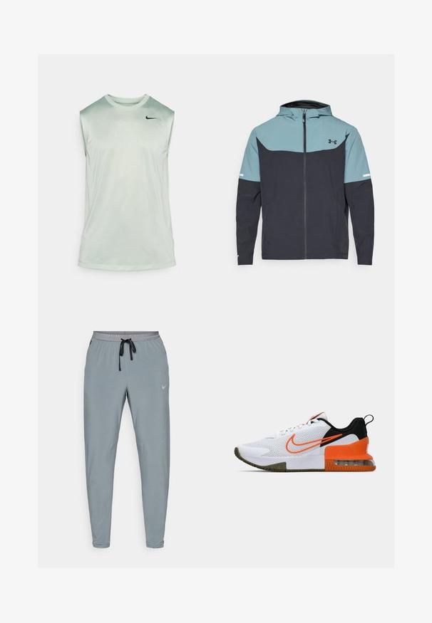 Kapuzenshirt mit einem hellblauen oberen Bereich und einem dunkelblauen unteren Bereich. Hergestellt aus leichtem Stoff mit einem Reißverschluss und seitlichen Taschen.; Nike Performance TEE RESET - Top - jade horizon/black; Graue Sporthose im Slim-Fit-Stil, mit elastischem Bund, Kordelzug und dezentem Nike-Logo. Hergestellt aus leichtem, glattem Material.; Weißer Sportschuh mit einem strukturierten Mesh-Obermaterial, schwarzen und orangefarbenen Akzenten, einer dicke Gummisohle und einem klaren Luftkissenbereich an der Ferse.