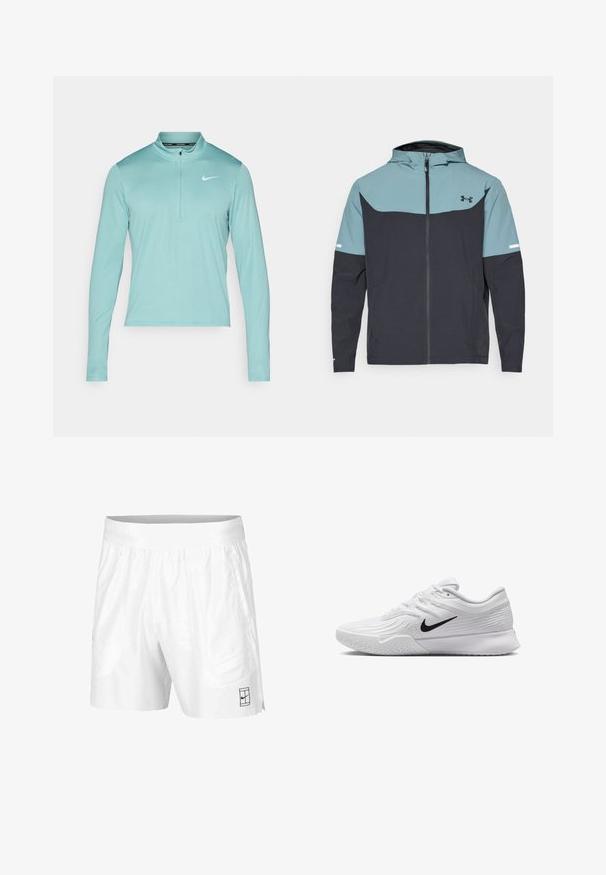 Kapuutšiga jakki, millel on helesinine ülemine osa ja tume laevajöötme alane osa. Valmistatud kergest kangast, millel on lukuga sulgemine ja küljetaskud.; Hele sinine pika varrukaga treeningtop pooltõmbluku ja valge Nike logo'ga vasakul rinnal. Sile ja veniv kangas.; Valged spordilühikesed püksid, mis on valmistatud kergest kangast, elastse vöökoha ja kahe küljetaskuga. Hemmi peal on väike must logo.; Valge spordijalats, millel on tekstuuriga mesh-ülemine osa, must Nike swoosh, pehmendatud krae ja kummist tald, millel on mustritrepp.