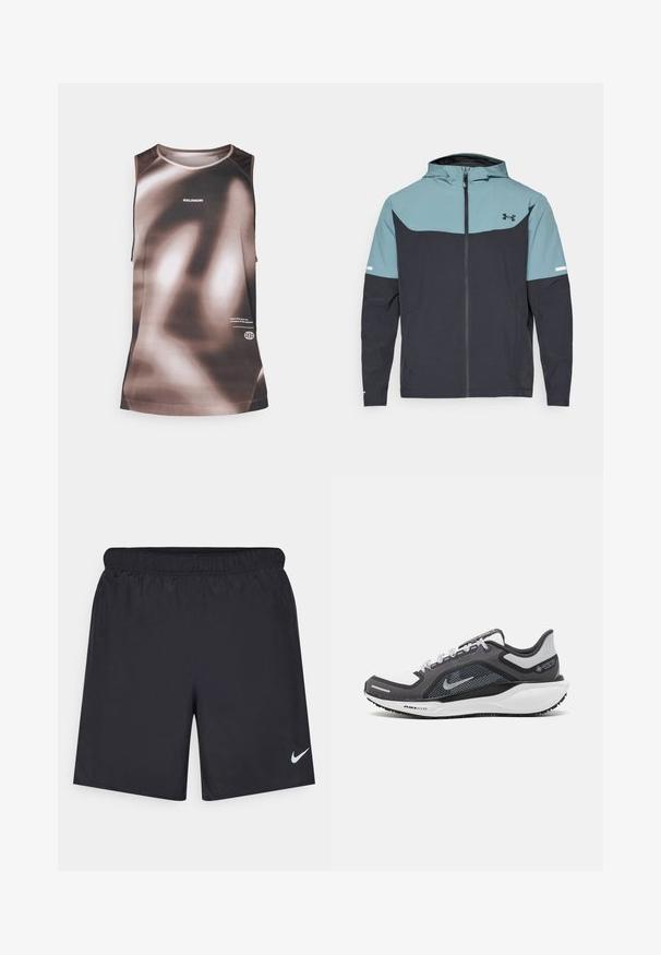 Kapišoninė striukė, kuri turi šviesiai mėlyną viršutinę dalį ir tamsiai mėlyną apat-inę dalį. Pagaminta iš lengvos medžiagos su užtrauktuku ir šoniniais kišenėmis.; Rudos ir smėlio spalvos tonų marškinėliai be rankovių su gradientu. Pagaminti iš sintetinių medžiagų, turi apvalų iškirpimą ir prekės ženklo logotipą priekyje.; Juodos sportinės šortai, pagaminti iš lengvos medžiagos, su elastingu juosmeniu. Ant apatinės kairės pusės yra mažas baltas Nike logotipas.; Juodas ir pilkas sportinis batelis su tinkleliu viršuje, atspindinčiais akcentais ir balta vidurinė dalimi. Yra tekstūruota guminė išorinė pada ir raišteliai.