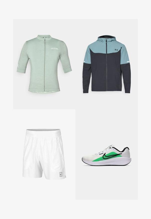 Jakna s kapuljačom koja ima svijetloplavi gornji dio i tamnoplavi donji dio. Izrađena od lagane tkanine s patent zatvaračem i bočnim džepovima.; Svijetlozelena kratkoročna biciklistička majica s patentnim zatvaračem sprijeda, reflektirajućim logotipom i minimalističkim dizajnom; teksturirana tkanina s uskim fitom.; Bijele atletske kratke hlače izrađene od lagane tkanine s elastičnim pojasom, koje imaju dva bočna džepa i mali crni logo na rubu.; Bijela atletska obuća s zelenim akcentom, crnim logotipom, mrežastim gornjim dijelom, podstavljenom sole i zaobljenim petom. Sadrži vezice i kontrastne detalje.