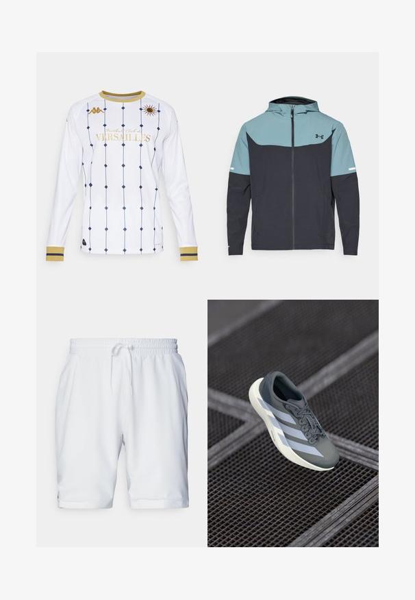 Kapotová bunda s svetlomodrou hornou časťou a tmavo námorníckou dolnou časťou. Vyrobená z ľahkej tkaniny s predným zipsom a bočnými vreckami.; Biela dlhá polokošeľa s námorníckym diamantovým vzorom a zlatými akcentmi. Má zaoblený golier a text "Football Club de Versailles".; Biele športové šortky s elastickým pásom a nastaviteľnou šnúrkou. Hladká tkanina s jemnou textúrou, s bočnými vreckami.; Športová obuv v šedej a bielej farbe, vyrobená z umelých materiálov, s aerodynamickým dizajnom, textúrovaným povrchom a výrazným šnurovacím systémom.
