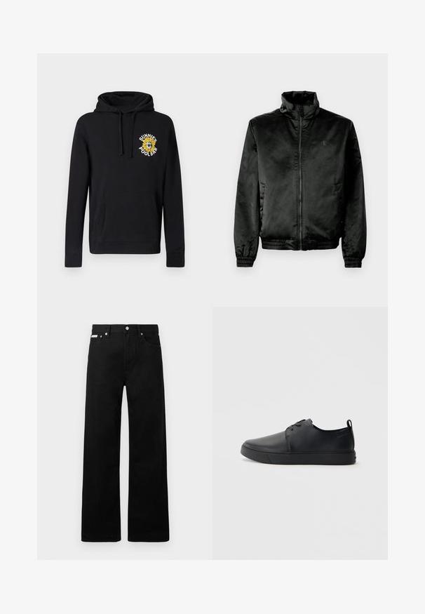 Černá bomber bunda vyrobená z hladkého, lesklého materiálu s vysokým límcem, zipem vpředu a elastickými manžetami a dolním okrajem. Minimální značení na hrudi.; Černá mikina s kapucí z bavlny s přední kapsou, kapucí na stahovací šňůrku a barevným vyšívaným motivem slunečnice. Má žebrované manžety.; Černé denimové kalhoty s širokým střihem, s pěti kapsami a kovovými knoflíky. Hladký povrch, bez viditelných vzorů.; Černé kožené tenisky s hladkým povrchem, zaoblenou špičkou, tónovým prošíváním, šněrovacím uzávěrem a plochou gumovou podrážkou. Očko na patě.