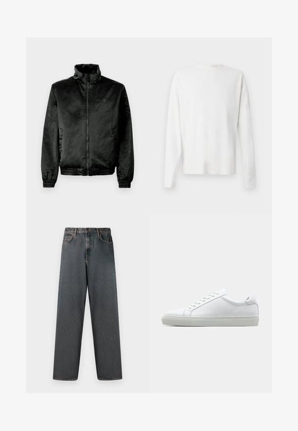 Sort bomberjakke lavet af glat, shiny stof med høj krave, lynlås foran og elastiske manchetter og kant. Minimal branding på brystet.; Langærmet hvid bomulds skjorte med rund halsudskæring, sideslids i bunden og en glat overflade, vist bagfra.; Mørkegrå denimjeans med lige ben, fem lommer og en knap- og lynlås-lukning. Stofmet har diskret falming og syninger.; Hvide sneakers med en glat læderoverdel og lav profil. Har en rund tå, seks snørehuller og en tekstureret gummisål.