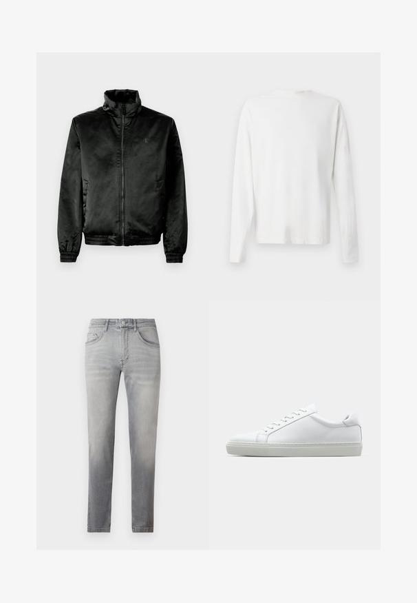 Svart bomberjakke laget av glatt, blankt stoff med høy krage, glidelåslukking foran og elastiske mansjetter og hem. Minimal merkevare på brystet.; Langermet hvit bomullsskjorte med rund hals, sidespalter nederst og en jevn tekstur, vist fra baksiden.; Grå denimjeans med slim fit, med middels høy midje, fem lommer, og subtil fading gjennom hele. Klassisk søm langs sømmene.; Hvit sneakers med en glatt skinnoverdel og lav profil. Har en rund tå, seks snøring hull, og en teksturert gummisåle.