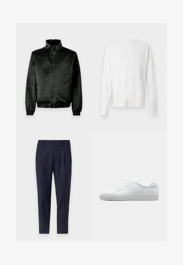 Black bomber jacket made of smooth, shiny fabric with a high collar, zip front, and elasticized cuffs and hem. Minimal branding on chest.; Long-sleeved white cotton shirt with a round neckline, side slits at the bottom, and a smooth texture, displayed from the back.; Navy blue trousers with a tailored fit, featuring pleats, a button closure, and side pockets. Made from a smooth fabric with a slight sheen.; White sneaker with a smooth leather upper and a low profile. Features a rounded toe, six eyelets, and a textured rubber sole.