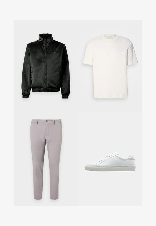 Black bomber jacket made of smooth, shiny fabric with a high collar, zip front, and elasticized cuffs and hem. Minimal branding on chest.; White cotton T-shirt featuring a round neck, short sleeves, and embroidered "Calvin Klein" logo at the chest center. Plain design.; Gray cotton chinos with a smooth texture, slim fit, front button closure, and side pockets. Ankle-length design with minimal detailing.; White sneaker with a smooth leather upper and a low profile. Features a rounded toe, six eyelets, and a textured rubber sole.