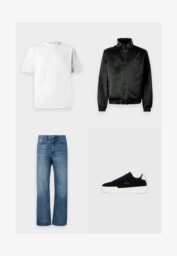 Black bomber jacket made of smooth, shiny fabric with a high collar, zip front, and elasticized cuffs and hem. Minimal branding on chest.; White short-sleeve T-shirt with a round neckline, featuring a subtle texture and a small logo detail on the left shoulder.; Blue straight-leg denim jeans with slight fading, front button closure, and a small logo tag on the right front pocket.; Black low-top sneaker with white sole and heel tab, lace-up front, and Calvin Klein logo on side.