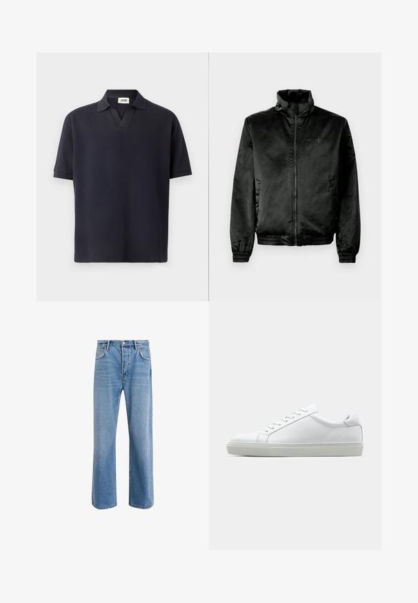 Svart bomberjacka i slätt, glänsande tyg med hög krage, dragkedja fram och elastiska mudd och nederkant. Minimal logotyp på bröstet.; Marinblå kortärmad polo med en texturerad mönstring, utrustad med v-ringning och vikta ärmar, tillverkad av ett andningsbart tyg.; Ljust blå denimjeans med rak passform, fem fickor, knappstängning, minimal blekning och kontrasterande sömdetaljer.; Vit sneaker med en slät läderövre och låg profil. Har en rundad tå, sex snörhål och en strukturerad gummisula.