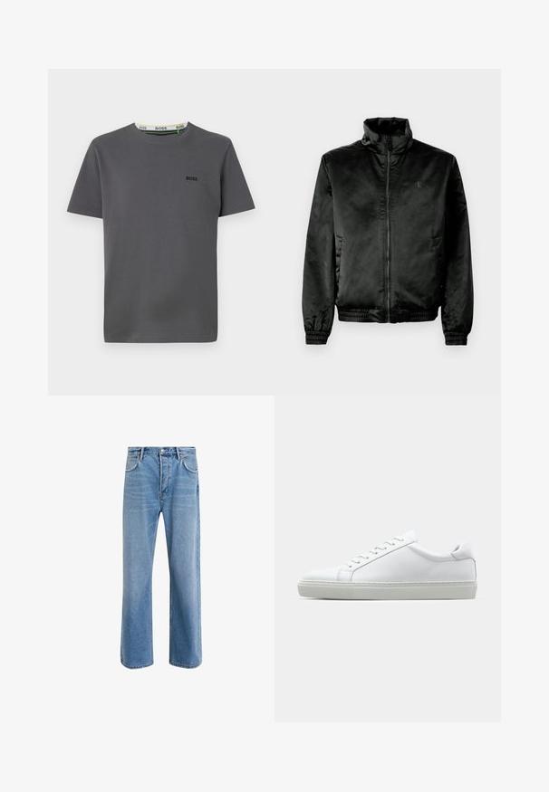 Melnā bumbieru jaka, izgatavota no gludas, spīdīgas auduma, ar augstu apkakli, rāvējslēdzēju priekšpusē un elastīgiem aproces un apakšmalu. Minimāla zīmola identifikācija uz krūts.; Pelēks īsām piedurknēm T-krekls no kokvilnas ar apaļu kakla izgriezumu, ar logotipa akcentu kreisajā krūtī un kontrastējošu iekšējo kakla birku.; Gai zilas džinsu bikses ar taisnām kājām, piecām kabatām, pogu aizvēršanu, minimālu izbalēšanu un kontrastējošiem šuvju elementiem.; Baltie sporta apavi ar gludu ādas virsu un zemu profilu. Iezīmējas ar noapaļotu purngalu, sešām acīm un teksturētu gumijas zoli.