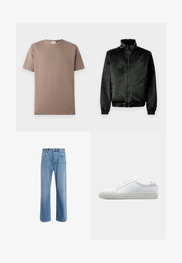 Svart bomberjakke laget av glatt, blankt stoff med høy krage, glidelåslukking foran og elastiske mansjetter og hem. Minimal merkevare på brystet.; Kortermet t-skjorte i brun bomull, med rund hals og en lett, glatt tekstur. Ingen synlige mønstre eller utstyr.; Lys blå denimjeans med rett ben-design, fem lommer, knappeåpning, minimal falming og kontrasterende sømdetaljer.; Hvit sneakers med en glatt skinnoverdel og lav profil. Har en rund tå, seks snøring hull, og en teksturert gummisåle.