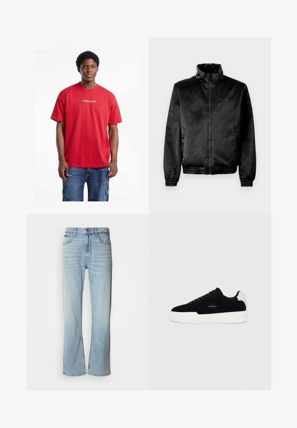 Chaqueta bomber negra hecha de un tejido suave y brillante, con cuello alto, cierre de cremallera frontal y puños y dobladillo elásticos. Branding mínimo en el pecho.; Camiseta de algodón roja de manga corta y cuello redondo con un logo blanco de "GUESS JEANS" en el frente, acompañada de pantalones cortos cargo de mezclilla.; Jeans de mezclilla azul claro con corte recto, que cuentan con cinco bolsillos, un cierre de botón y un ligero desvanecimiento en la tela.; Zapatilla negra de corte bajo con suela blanca y tab de talón, parte delantera con cordones y logo de Calvin Klein en el lateral.