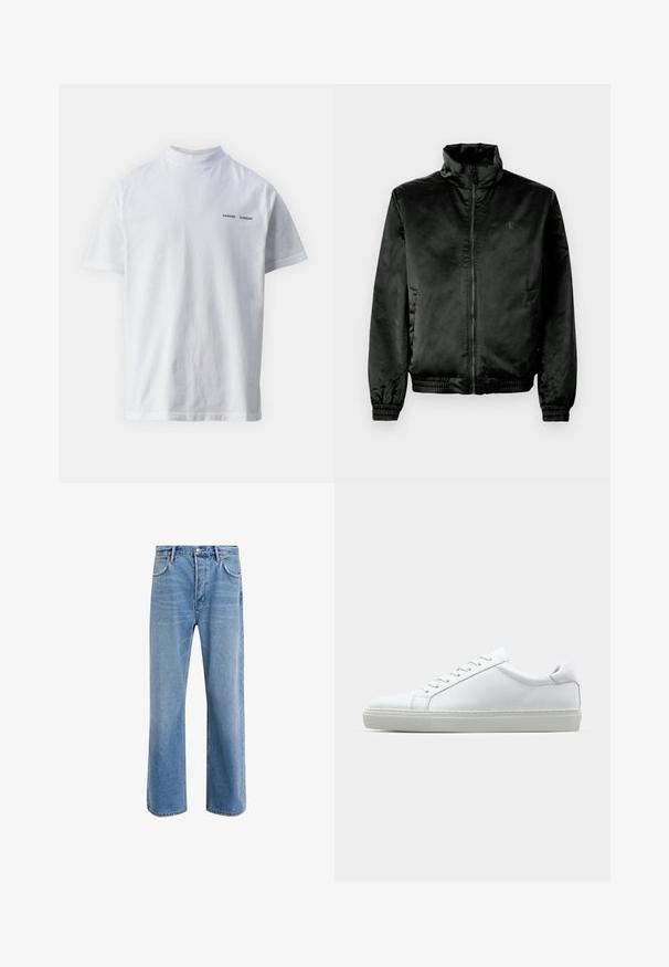 Black bomber jacket made of smooth, shiny fabric with a high collar, zip front, and elasticized cuffs and hem. Minimal branding on chest.; White cotton t-shirt with a high neckline and short sleeves. Features "SAMSØE SAMSØE" logo in black on the front. Smooth texture.; Light blue denim jeans with a straight-leg design, five pockets, button closure, minimal fading, and contrasting stitching details.; White sneaker with a smooth leather upper and a low profile. Features a rounded toe, six eyelets, and a textured rubber sole.