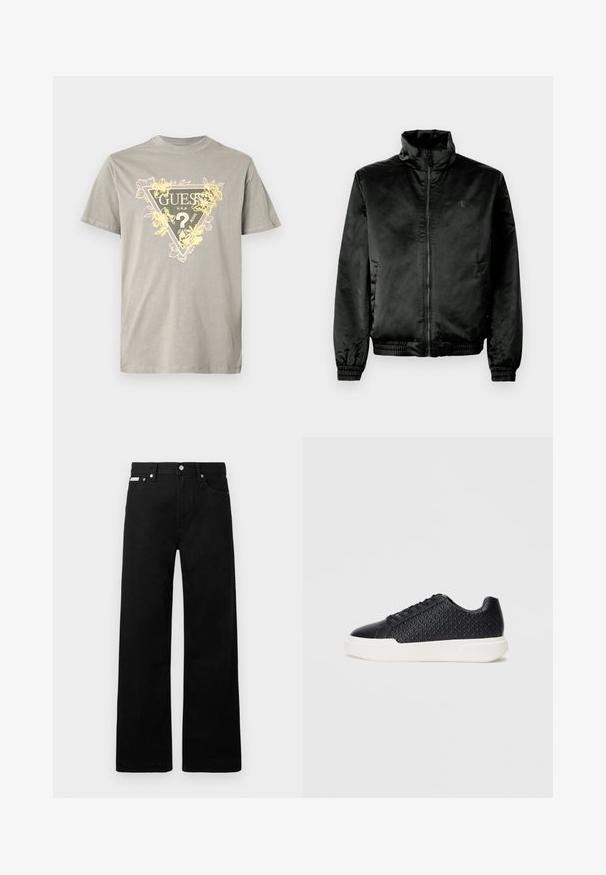 Black bomber jacket made of smooth, shiny fabric with a high collar, zip front, and elasticized cuffs and hem. Minimal branding on chest.; Gray cotton t-shirt featuring a triangular graphic with "GUESS" and floral accents in yellow. Round neck, short sleeves, and standard fit.; Black denim pants with a wide-leg design, featuring five pockets and metallic button hardware. Smooth texture, no visible patterns.; Black sneaker with geometric texture on the side, smooth toe cap, and a white rubber sole. Features round laces and a low-top design.