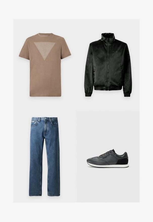 Casaco bomber preto feito de um tecido liso e brilhante, com colarinho alto, fecho éclair na frente e punhos e barra elásticos. Branding mínimo no peito.; T-shirt castanho de mangas curtas com um grande triângulo invertido gráfico de finas linhas verticais brancas no peito.; Jeans de denim azul de perna reta com cintura alta, fecho por botão e zip, bolsos frontais e uma pequena etiqueta branca da marca no bolso direito.; Sapatilhas atléticas negras com parte superior em couro com detalhes perfurados, acabamentos em camurça e sola de borracha branca. Design clássico com atacadores.