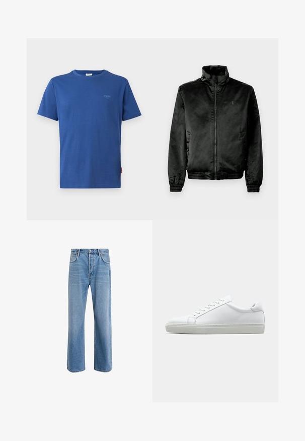 Juodas bomberio tipo švarkas, pagamintas iš lygaus, blizgaus audinio, su aukštu apykakle, užtrauktuku priekyje ir elastiniais rankogaliais bei apačia. Minimalus logotipas krūtinėje.; Mėlynas trumpas rankovėmis marškinėliai, pagaminti iš medvilnės, su apvaliu iškirpimu. Ant krūtinės yra mažas, šviesiai mėlynas logotipas ir etiketė šone.; Šviesiai mėlyni džinsai su tiesiu kirpimu, penkios kišenės, mygtuko užsegimas, minimalus blukimas ir kontrastingi siuvimo detalės.; Baltas sportinis batelis su lygiu odiniu paviršiumi ir žemu profiliu. Turi suapvalintą pirštą, šešis akių skyrius ir tekstūruotą gumos padą.