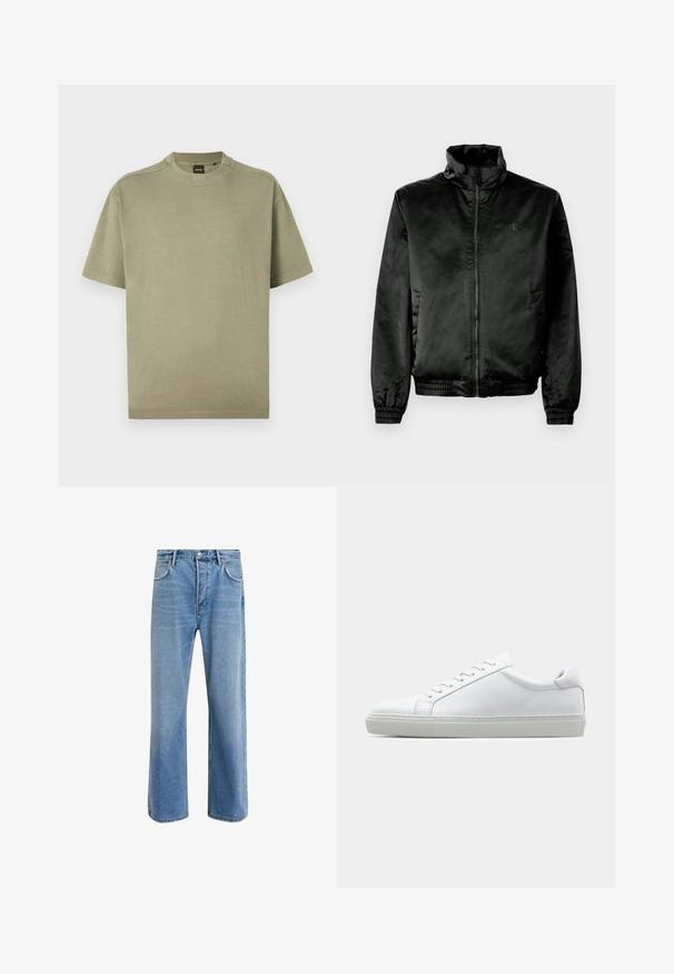 Jachetă bomber neagră dintr-un material neted și lucios, cu guler înalt, fermoar în față și manșete și tiv elasticizate. Branding minim pe piept.; Tricou verde măsliniu cu mânecă scurtă, realizat din bumbac moale, cu guler rotund și un design simplu, având un logo subtil pe guler.; Jeans din denim bleu deschis cu un design drept, cinci buzunare, închidere cu buton, decolorare minimă și detalii de cusătură în contrast.; Adidași albi cu o suprafață din piele netedă și un profil jos. Au un vârf rotunjit, șase orificii pentru șireturi și o talpă din cauciuc texturată.
