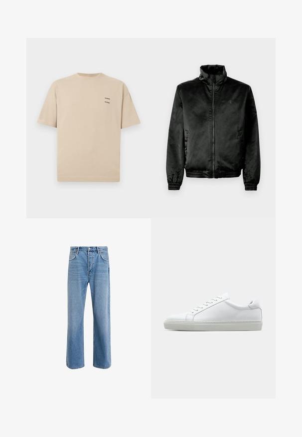 Jachetă bomber neagră dintr-un material neted și lucios, cu guler înalt, fermoar în față și manșete și tiv elasticizate. Branding minim pe piept.; Tricou din bumbac bej cu decolteu rotund și mâneci scurte. Prezintă un logo mic cu text în partea stângă sus. Design simplu, fără ornamente.; Jeans din denim bleu deschis cu un design drept, cinci buzunare, închidere cu buton, decolorare minimă și detalii de cusătură în contrast.; Adidași albi cu o suprafață din piele netedă și un profil jos. Au un vârf rotunjit, șase orificii pentru șireturi și o talpă din cauciuc texturată.