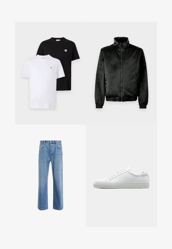 Musta pommikurkku, joka on valmistettu sileästä, kiiltävästä kankaasta. Siinä on korkea kaulus, vetoketju edessä sekä joustavat hihansuut ja helma. Minimaalinen brändäys rinnassa.; Kaksi lyhythihaista t-paitaa mustasta ja valkoisesta puuvillasta, joissa on pieni logo rinnassa ja klassinen pyöreä kaula-aukko.; Vaaleansiniset farkut suoranlahkeisella muotoilulla, viisi taskua, nappisuljenta, vähäinen kuluminen ja kontrastiväriset ompeluyksityiskohdat.; Valkoinen tennari, jossa on sileä nahkapäällinen ja matala profiili. Ominaisuuksiin kuuluu pyöreä kärki, kuusi rei'itystä ja teksturoitu kumipohja.