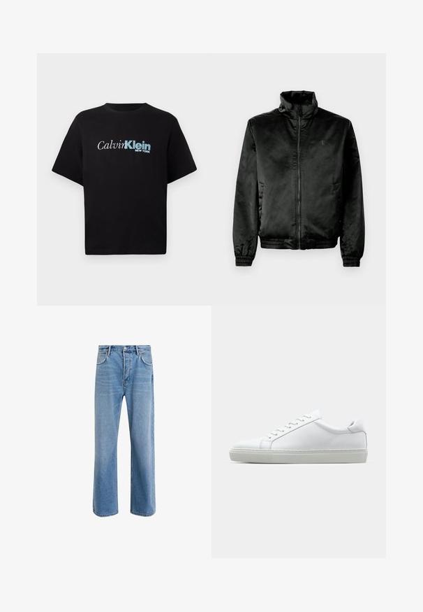 Zwarte bomberjack gemaakt van glad, glanzend materiaal met een hoge kraag, ritssluiting aan de voorkant en elastische boorden en zoom. Minimaal merklogo op de borst.; Zwarte T-shirt met korte mouwen met het logo "Calvin Klein New York" in het wit en blauw, centraal op de borst tegen een effen achtergrond.; Lichtblauwe denim jeans met een straight-leg ontwerp, vijf zakken, knoopsluiting, minimale vervaging en contrasterende stikseldetails.; Witte sneaker met een gladlederen bovenwerk en een laag profiel. Voorzien van een ronde neus, zes vetergaatjes en een gestructureerde rubberen zool.